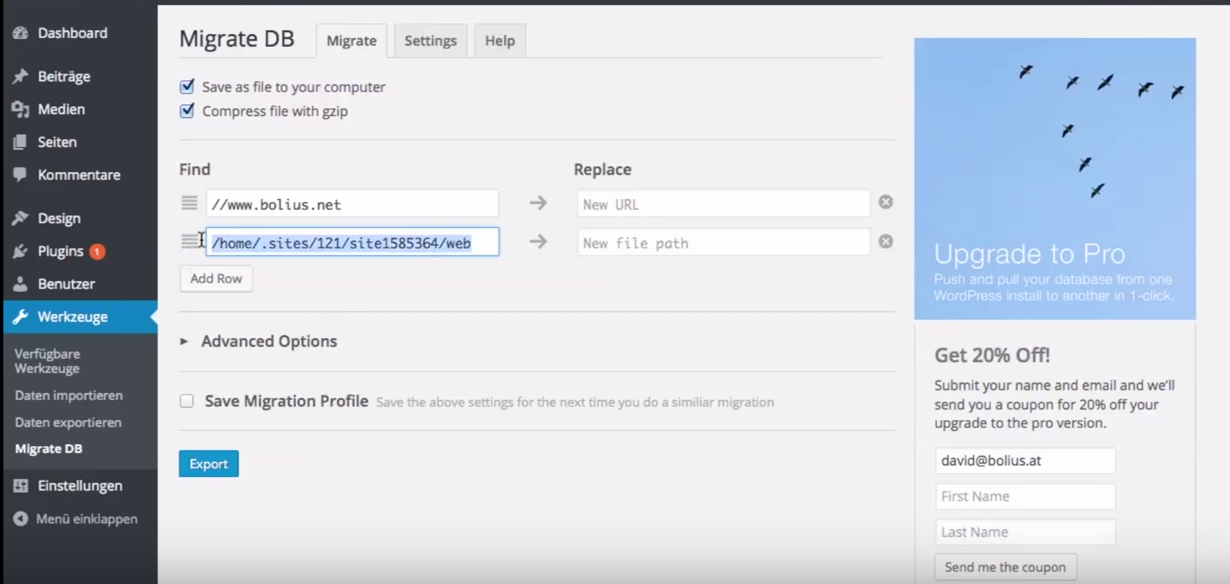 wordpress transfer mit wp-migrate-db